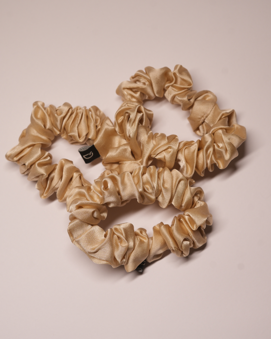 Champagne Gold Pure Silk Scrunchies (Set of three)