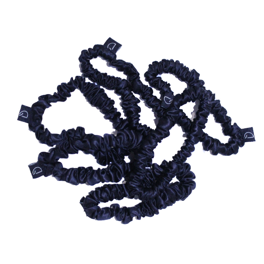Noir Black Skinny Pure Silk Scrunchies Collection (Set of Six)