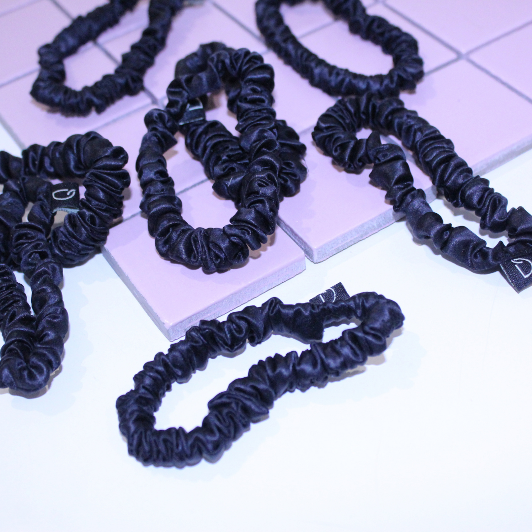 Noir Black Skinny Pure Silk Scrunchies Collection (Set of Six)