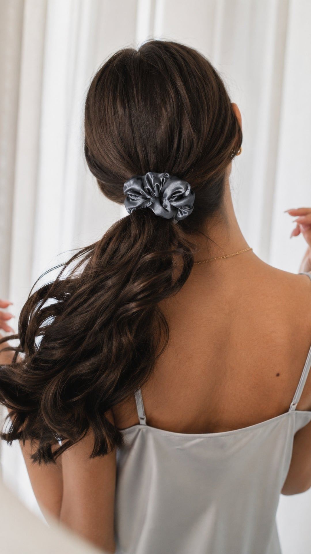 Dame Essentials Chic Large Pure Silk Scrunchie in Charcoal Grey - Angle 4 - 100% Grade 6A 22 Momme Silk #charcoal_grey