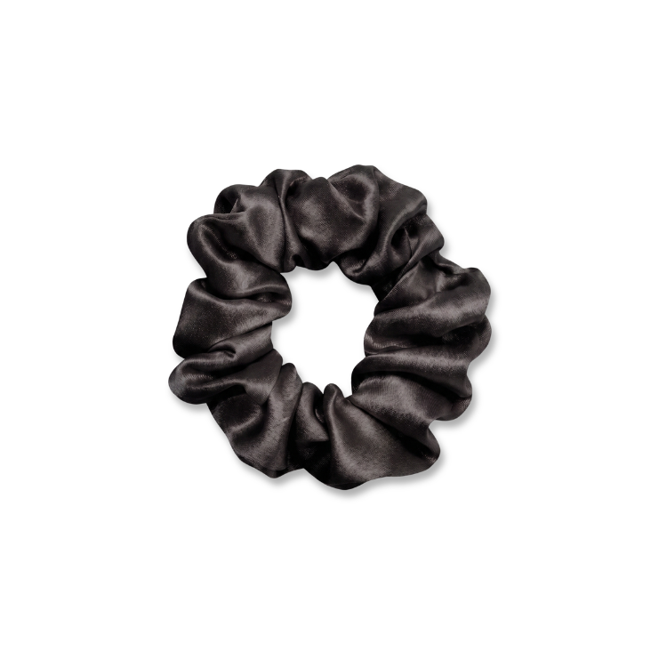 Dame Essentials Sleek Medium Pure Silk Scrunchie in Noir Black - Angle 2 - 100% Grade 6A 22 Momme Silk #noir_black